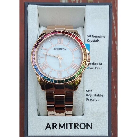 Womens Armitron Rose Gold Watch With Rainbow Crystal Bezel & Mother Of Pearl Dia - Picture 1 of 7